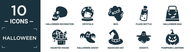 充满万圣节图标集。包含扁平万圣节装饰，水晶，boo，烧瓶瓶，万圣节包，鬼屋，鬼，魔术师帽子，鬼，南瓜灯笼图标在可编辑的格式。图片下载