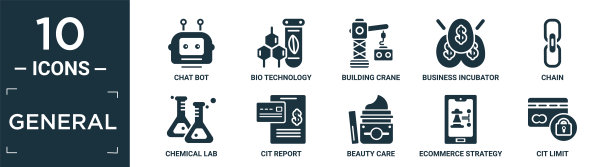 填充一般图标集。包含平面聊天机器人，生物科技，建筑起重机，企业孵化器，连锁，化学实验室，城市报告，美容护理，电子商务策略，城市限制图标可编辑。图片下载