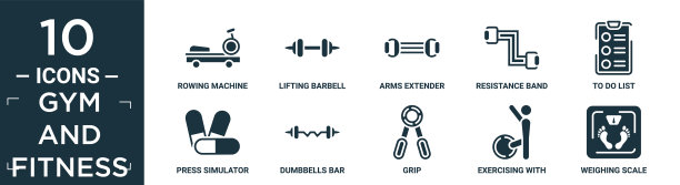 充满健身房和健身图标集。包含平划船机、举重杠铃、手臂伸展器、阻力带、待办事项表、压力机模拟器、哑铃杆、握把、健身球练习、。图片下载