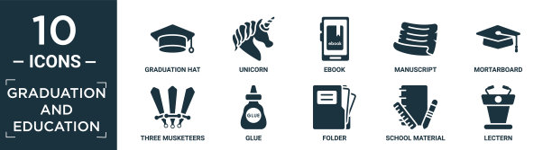 填充毕业和教育图标集。包含平面毕业帽，独角兽，电子书，手稿，学位板，三个火枪手，胶水，文件夹，学校材料，讲台图标在可编辑的格式。图片下载