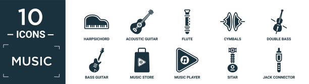 填充音乐图标集。包含扁平拨弦键琴，原声吉他，长笛，钹，低音提琴，低音吉他，音乐商店，音乐播放器，西塔琴，插孔连接器图标在可编辑的格式。图片下载