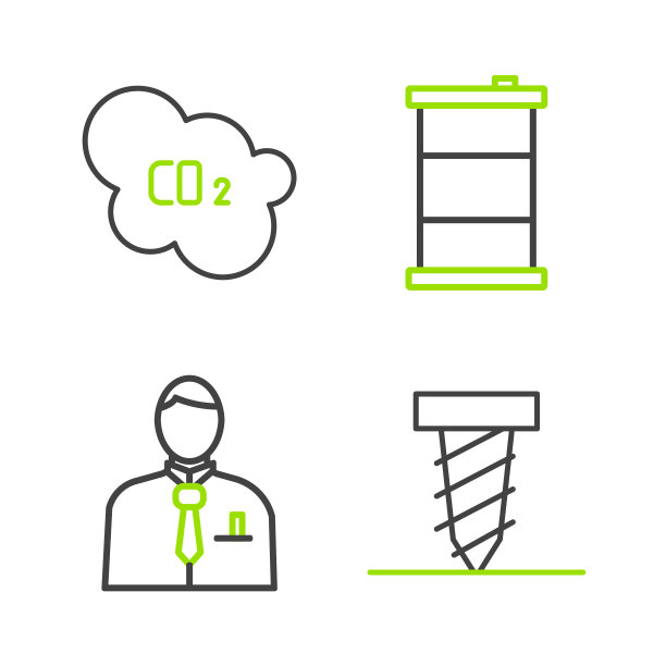 设置线旋转钻挖洞，商人或股票市场的交易员，桶石油和二氧化碳排放云图标。向量图片下载