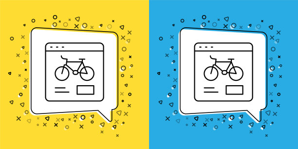 设置线自行车租赁移动应用程序图标隔离在黄色和蓝色背景。在城市出租自行车的智能服务。共享系统的移动应用程序。向量图片下载