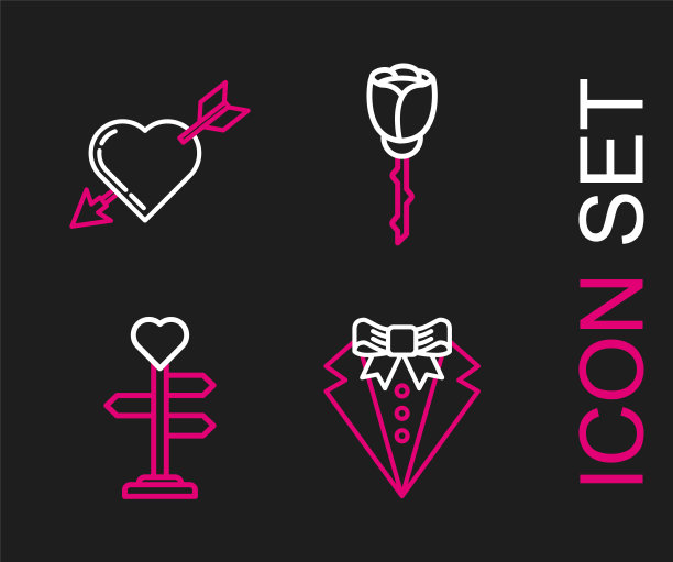 设置线西装，路标与心脏，花玫瑰和爱情符号和箭头图标。向量图片下载