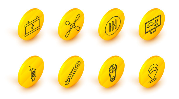 设置生产线位置与汽车服务，正时皮带套件，减震器，汽车消声器，诊断条件，变速杆，车轮扳手和电池图标。向量图片下载