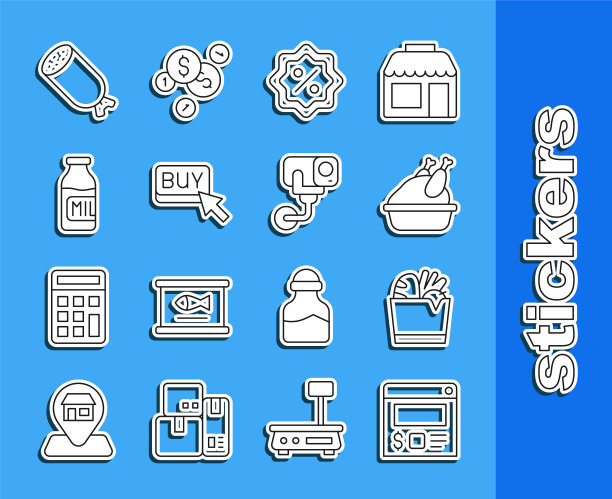 在线订购和交付，购物袋食品，烤火鸡，折扣标签，购买按钮，奶瓶，意大利腊肠和安全摄像头图标。向量图片下载