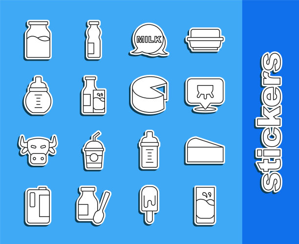 集线玻璃与牛奶，奶酪，乳房，刻字，瓶子和玻璃，婴儿奶瓶，和图标。向量图片下载