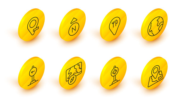 设置线折叠地图与位置标记，位置交叉医院，城市导航，交通标志左转，地球，咖啡馆和餐馆，指南针和图标。向量图片下载