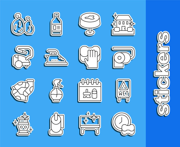 设置线洗碗，湿地板，厕纸卷，台布上的污渍，电熨斗，吸尘器，垃圾袋和清洁服务图标。向量图片下载