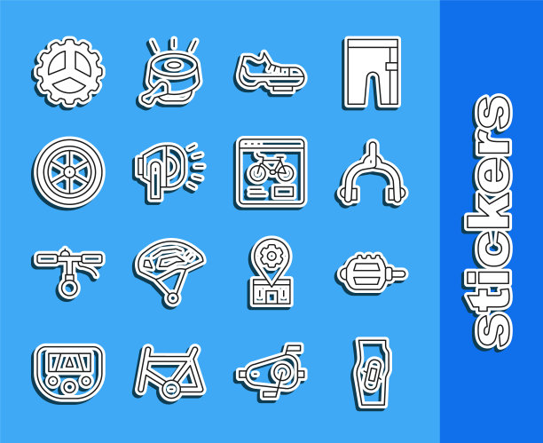 在腿，自行车踏板，制动卡钳，鞋子，头灯，车轮，链轮曲柄和租赁移动应用程序图标上设置石膏线。向量图片下载