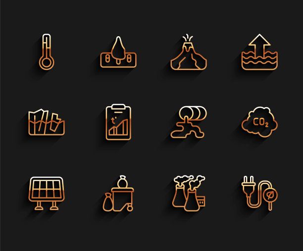 太阳能面板，满垃圾桶，气象温度计，工厂烟雾，节电插头，全球变暖，二氧化碳排放云和桶油泄漏图标。向量图片下载