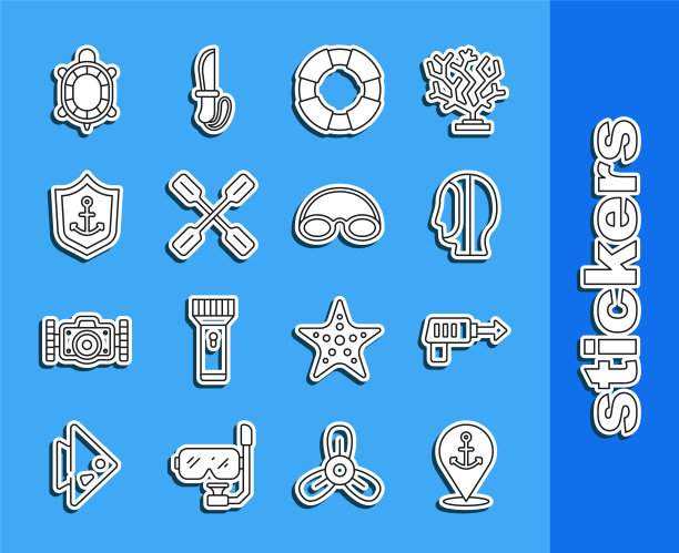 设线位置锚，钓鱼鱼叉，潜水罩，救生圈，桨，锚内盾，海龟和眼镜和帽子图标。向量图片下载
