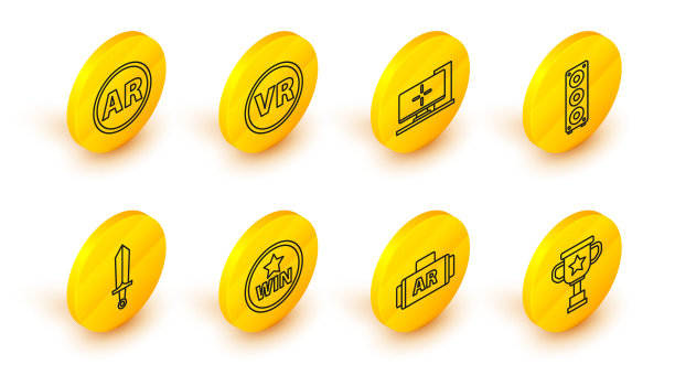 设置线奖杯，Ar，增强现实，奖章，剑为游戏，立体声扬声器，电脑显示器，虚拟眼镜和图标。向量图片下载