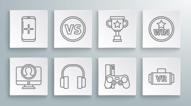 创建帐户屏幕，VS对战，耳机，带有操纵杆的游戏机，虚拟现实眼镜，奖杯，奖章和智能手机以及正在玩的游戏图标。向量图片下载