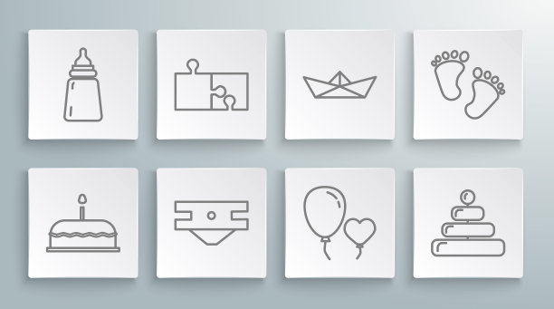 设置线蛋糕与燃烧的蜡烛，拼图片，婴儿吸水尿布，气球形成心脏，金字塔玩具，折叠纸船，脚印和瓶子图标。向量图片下载