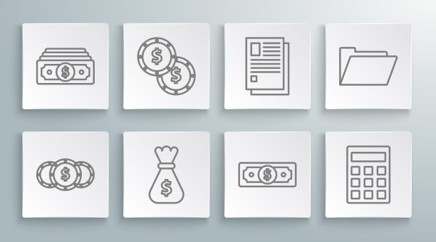 设置线硬币与美元符号，钱袋，堆栈现金，计算器，文件文件，文件文件夹和图标。向量图片下载