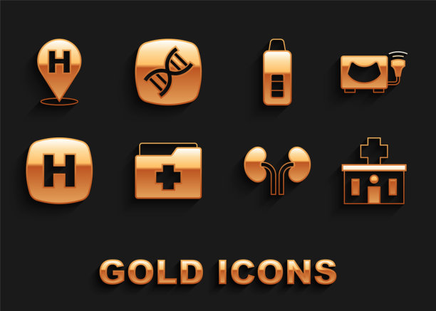 设置病人记录，超声波，医院大楼，人体肾脏，招牌，数字温度计，位置医院和DNA符号图标。向量图片下载