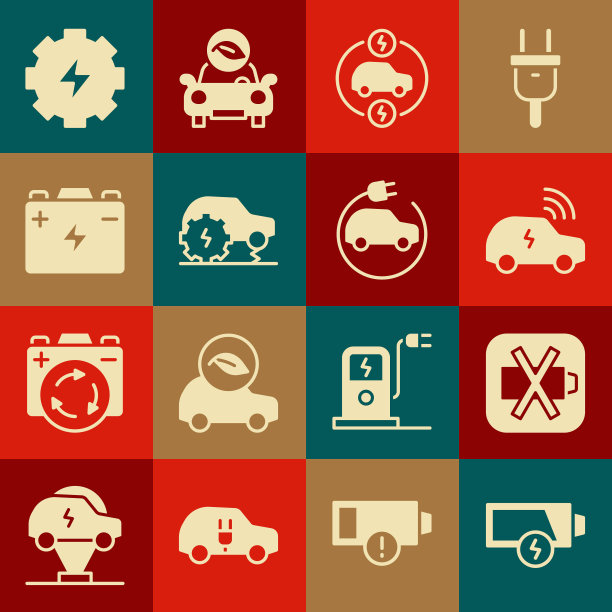 设置低电池，智能汽车系统，电力，服务，汽车，齿轮和闪电和图标。向量图片下载