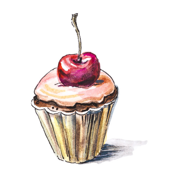 用水彩画樱桃的巧克力松饼图片下载