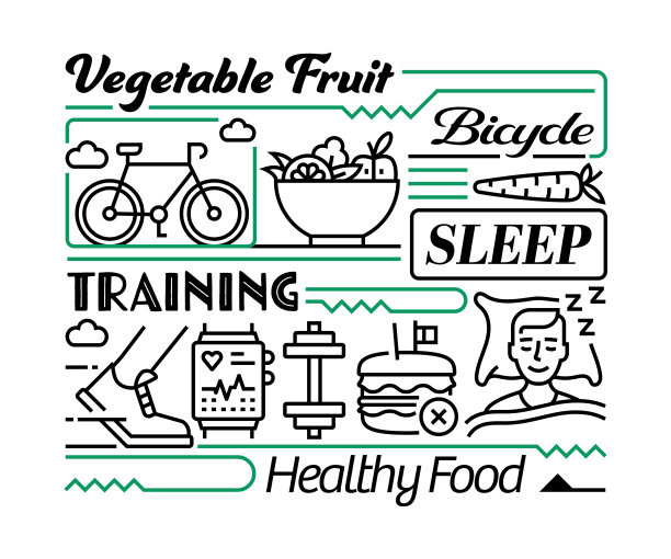 健康生活的对象和要素。线条图标插图集合。图标设置或标题模板。图片下载