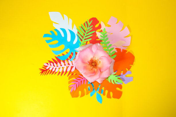 粉色玫瑰在五颜六色的丛林树叶上，黄色的背景，创造性的热带设计，夏天的浪漫场景图片下载