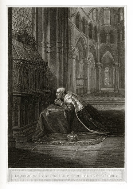 古董，刘易斯七世法国国王贝克特墓前，英国维多利亚版画，1806年图片下载