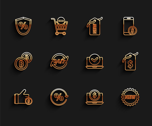 设置线手持硬币，折扣百分之标签，贷款，笔记本电脑与美元，价格新的，时钟24小时，和图标。向量图片下载