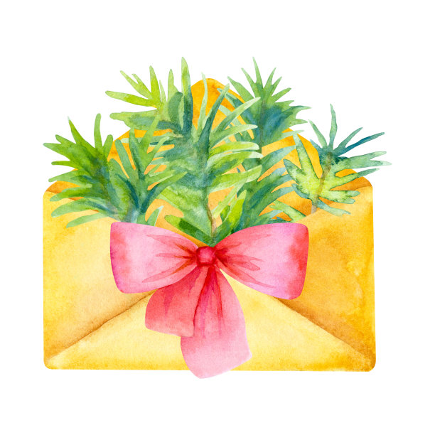 水彩打开邮政信封与绿色的云杉枝和红色的弓孤立在一个白色的背景。图片下载