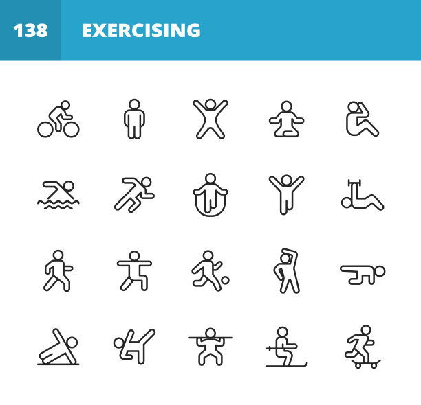 锻炼一行图标。可编辑的中风。像素完美。移动和网络。包含运动，跑步，自行车，瑜伽，举重，伸展，足球，足球，网球，篮球，战斗，有氧运动，健美，散步等图标。图片下载