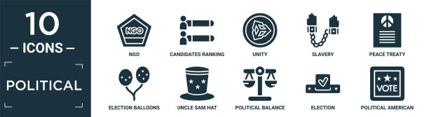 充满政治图标集。包含平面ngo，候选人排名图，统一，奴隶制，和平条约，选举气球夫妇，山姆大叔帽子，政治平衡，选举，政治美国人。图片下载