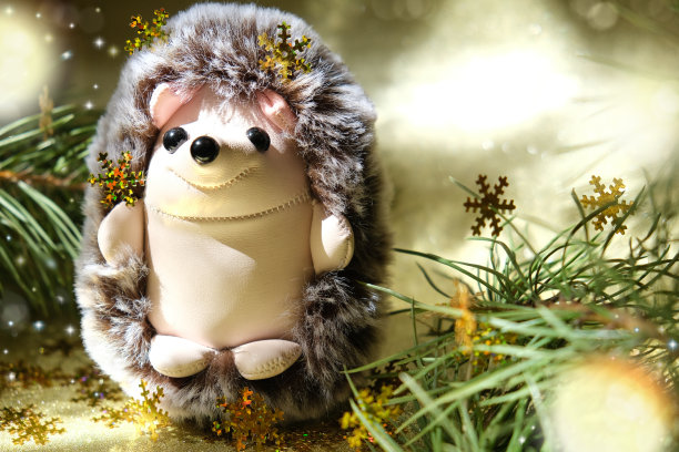 节日静物与毛绒有趣的玩具刺猬和圣诞装饰。新年贺卡。(卧室装饰图片下载