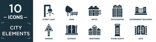 填充城市元素图标集。包含平坦的路灯，公园，汽车旅馆，摩天大楼，政府大楼，停车场，网关，公寓，电话亭，门图标在可编辑的格式。图片下载