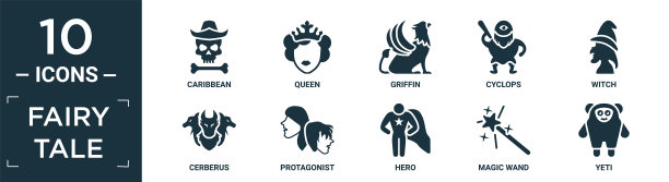 充满童话图标集。包含扁平加勒比，女王，狮鹫，独眼巨人，女巫，恶魔，主角，英雄，魔杖，雪人图标在可编辑的格式。图片下载