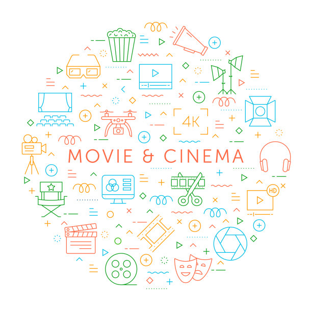 电影与电影的设计元素。带有轮廓图标的图案设计。色彩斑斓的矢量图图片下载