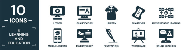 填充学习和教育图标集。包含平课、资格、制服、卷笔刀、异步学习、移动学习、古生物学、钢笔、白板、在线辅导。图片下载