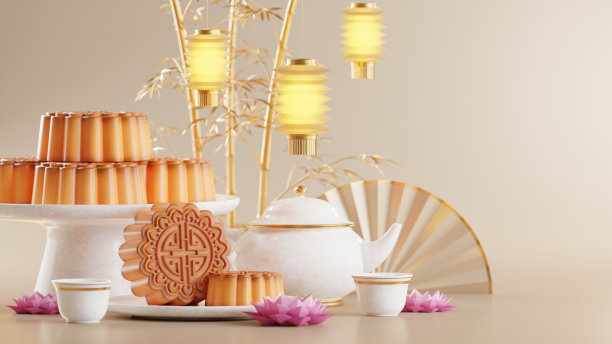 3D渲染中秋节假期或中国新年，中国节日，灯笼，花，月亮，兔子，月饼，茶壶和亚洲元素为背景。图片下载