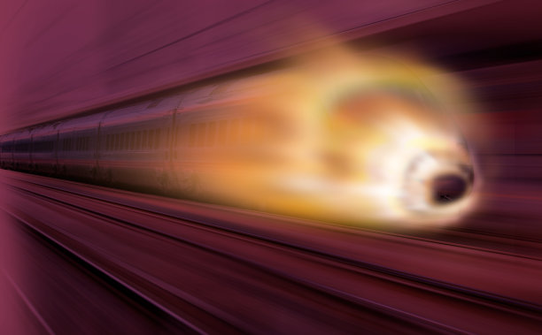 ▽在铁轨上行驶的蓝色高速列车=列车行驶速度过快的原因是前部的空气压力产生了过多的热量图片下载