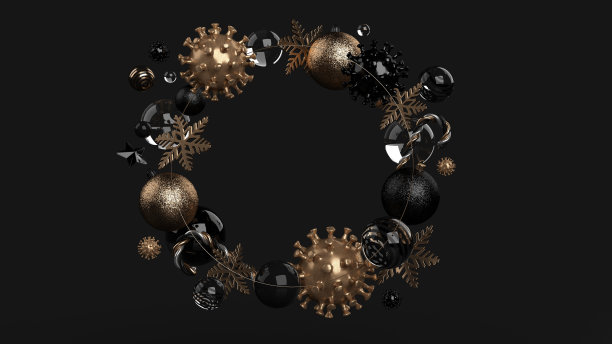 黑色和金色圣诞冠状病毒背景- 3D插图图片下载