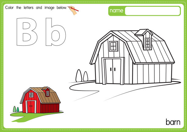 矢量插图的儿童字母着色书页与概述剪贴画，以颜色。字母B代表谷仓。图片下载