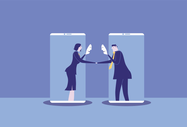 在手机网络中，女商人和男商人戴着面具进行商务合作图片下载