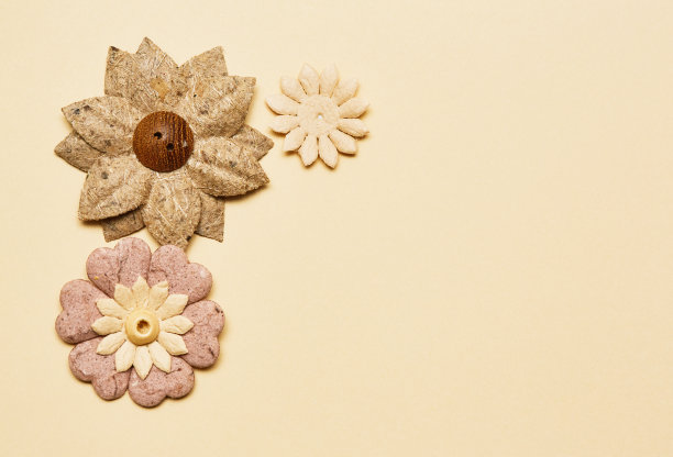 一组人工工艺花在深浅的棕色，粉红色和米色，与复制空间图片下载