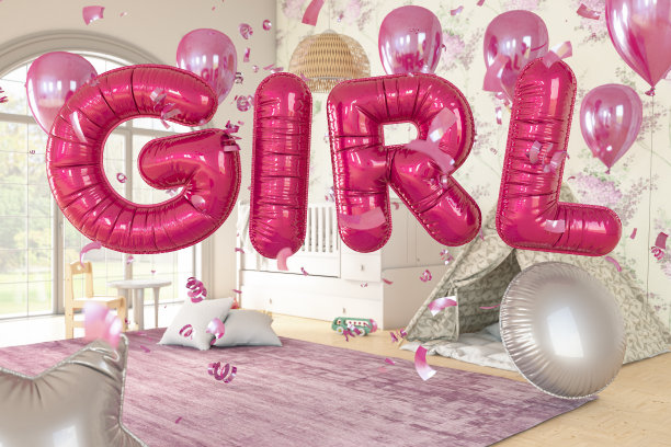 这是一个有粉色气球的女孩房间。性别揭秘派对理念图片下载