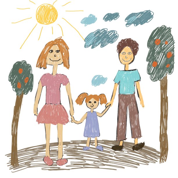 孩子们用记号笔画的一个家庭，母亲、孩子和父亲图片下载