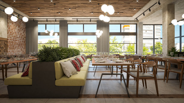 咖啡馆/餐厅/酒吧。室内设计。计算机生成的图像。建筑可视化。3D渲染。图片下载