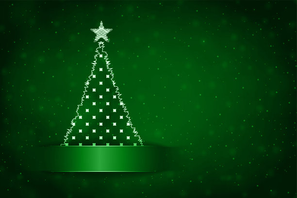 闪亮的充满活力的深绿色水平发光有光泽的节日圣诞背景，像照明的圣诞灯与一个艺术的圣诞树与一颗星星在顶部和空白标签模板像横幅标志图片下载