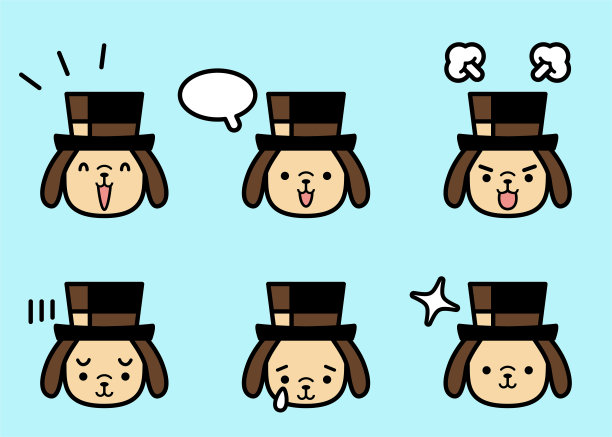 戴大礼帽的狗狗头像，具有六种粉彩色面部表情图片下载