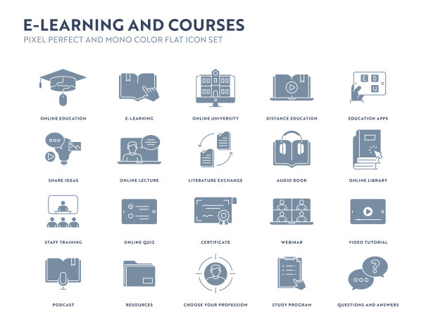 电子学习和课程单色平坦图标设置。图片下载