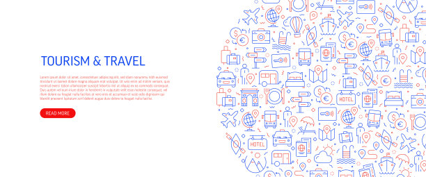 旅游及旅游相关横幅设计与图案。现代线条风格图标矢量插图图片下载