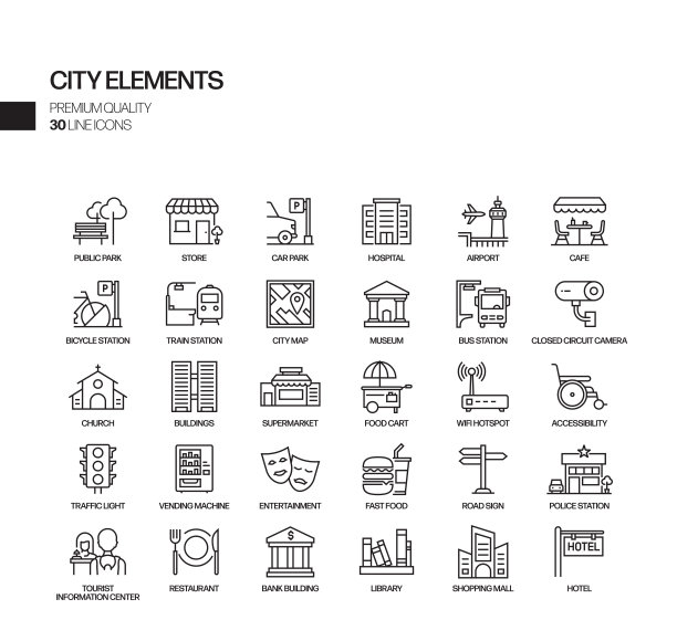 与城市元素相关的向量线图标的简单集合。大纲符号集合。图片下载
