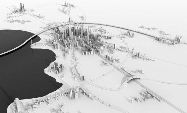 美丽的现代城市全景与摩天大楼，位于湖。郊区，通往城市的高速公路很多，道路上有桥梁、绿地和交通。三维渲染图片下载